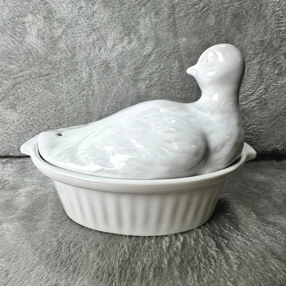 Pier 1 Imports Made in France Duck on a Nest Tureen Dish Ribbed White Ceramic